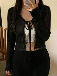 Dazy Plus Korean Style Casual Lace-Up Front Short Cardigan Top For Women - Black - View 2
