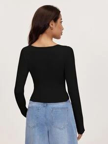 SHEIN BASICS 3件組女款純色針織長袖修身方領短版T恤，夏季服飾 - 彩色 - 查看 8