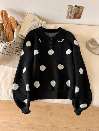 Story & Sage Women's Casual Home Holiday Loose Polka Dot Sweater,Fall/Winter Long Sleeve Polo Collar Black And White Sweater Women's Halloween Costume Cute Sweater