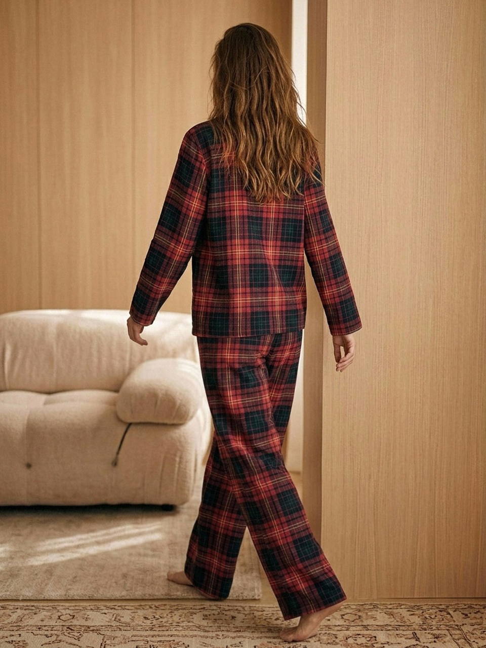 Women's Plaid Single-Breasted Long Sleeve Top And Loose Pants Pajama Set Fall