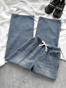 SHEIN 青少年女孩腰部繫帶寬腿寬鬆牛仔長褲 - 淺色水洗藍 - 查看 4