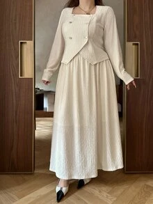Dazy Plus Solid Color Elegant Double-Breasted Long Sleeve Fitted Top & A-Line Long Skirt 2 Pieces Set, Casual Commute Spring/Autumn - Apricot - View 6