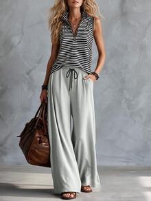 Glimmora American Style Relaxed Striped Collared Sleeveless Tank Top + Drawstring Wide Leg Pants Set, Casual Commute Lazy Relaxed Style Tank Top And Pants 2 Pieces Set - Black and White - View 2