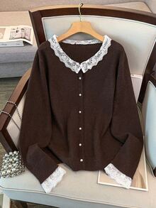 GlowEve CURVE Women's Autumn New Single Piece Round Neck Lace Trim Patchwork Pearl Button Sweet Date Fashion Versatile Knit Daily Commute Lady Loose Short Knit Cardigan Plus Size Top - Coffee Brown - View 1