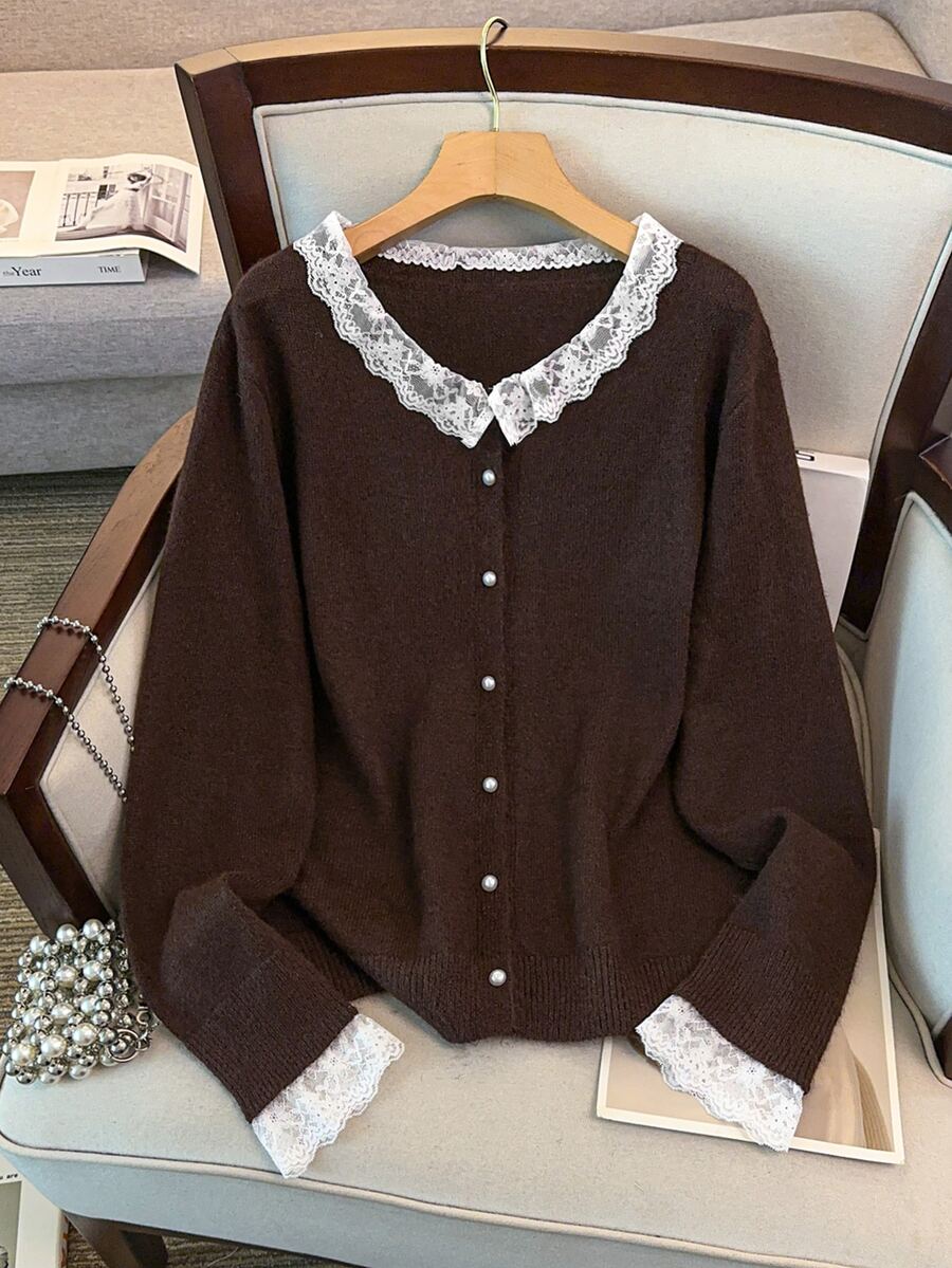 GlowEve CURVE Women's Autumn New Single Piece Round Neck Lace Trim Patchwork Pearl Button Sweet Date Fashion Versatile Knit Daily Commute Lady Loose Short Knit Cardigan Plus Size Top - Coffee Brown - View 1