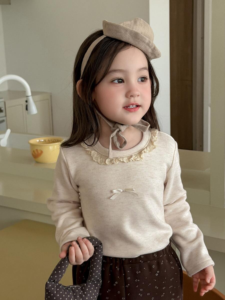 DAZY Baby Girl Bow Decor Casual Round Neck Long Sleeve Top Fall - Apricot - View 1