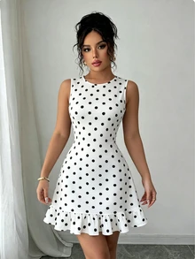 Selianne Women's New Fashion Faux Lace Knit Round Neck Sleeveless Ruffle Hem Elegant Daily Dating Commute Dress - Black and White - View 7