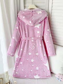 SHEIN Tween女孩秋冬休閒雙面抓絨螢光星星印花貼袋連帽睡袍居家服粉色兒童睡衣 - 藕粉色 - 查看 2