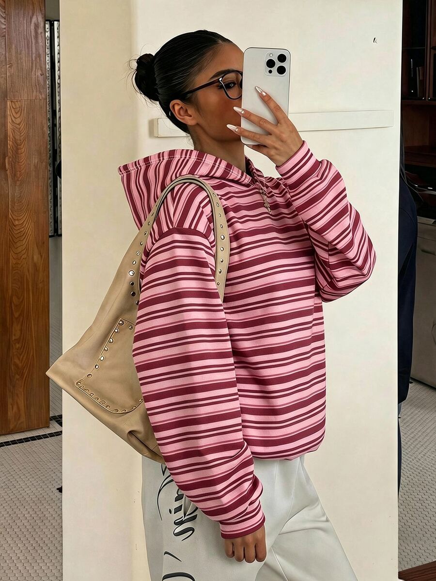 SHEIN 少女休閒街頭風豹紋連帽長版衛衣,緊口下擺長袖寬鬆秋季上衣,粉色,適合假期派對 - 紅色 - 查看 1