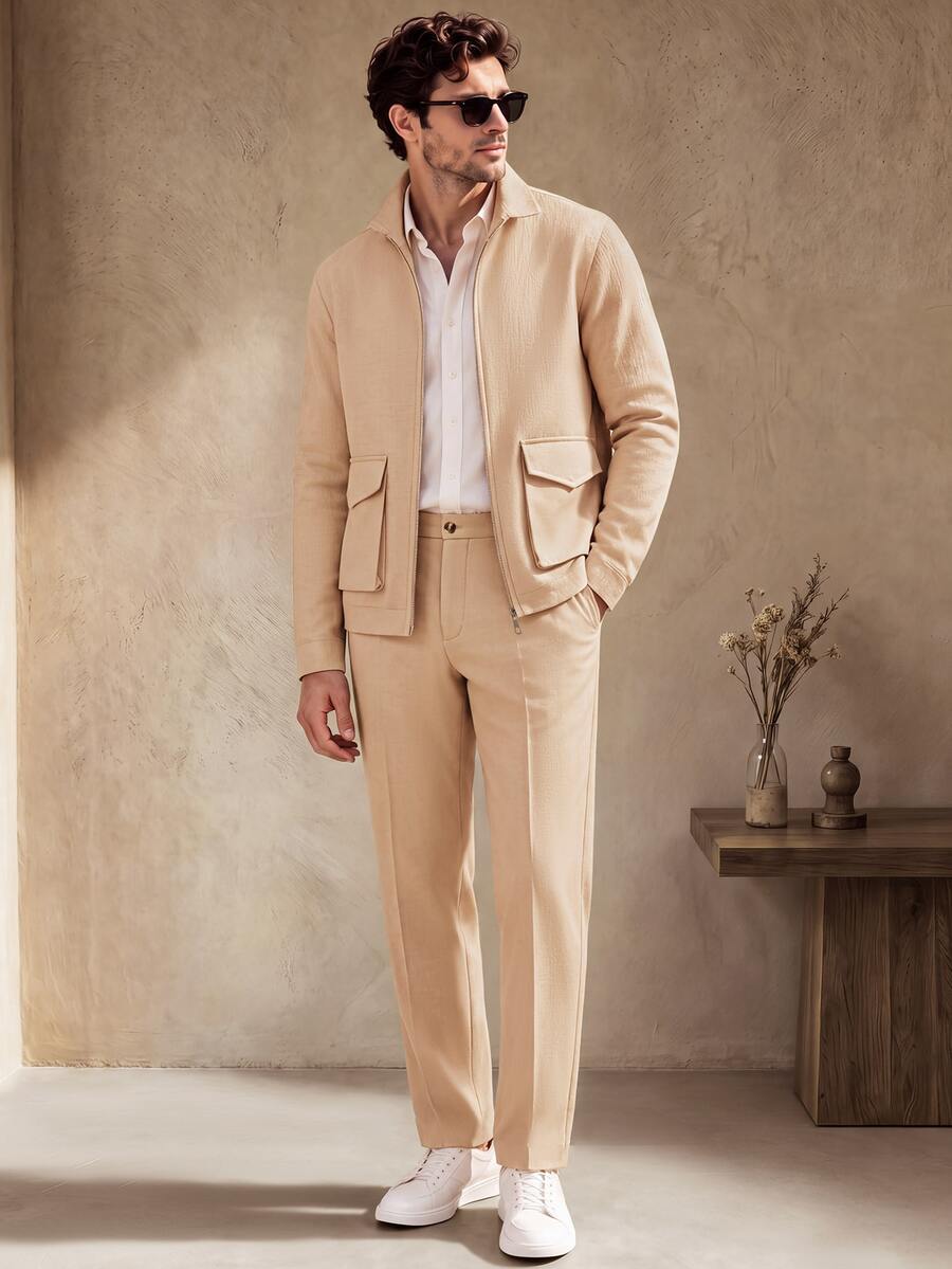 Core Aspect Men's Solid Color Zip-Up Jacket And Drawstring Pants Two Pieces Set, Khaki Autumn Casual Smart Holiday Commuter Outfit - Khaki - View 1