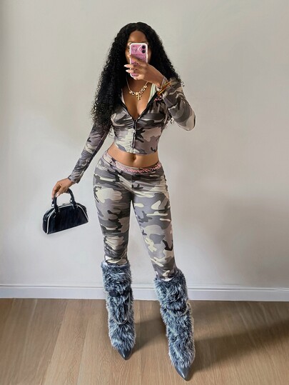 StreetHx Set casual Y2K stil stradă american, camuflaj închis, top scurt cu fermoar și literă roz, pantaloni evazați cu talie înaltă și bandă elastică cu imprimeu complet, set 2 piese