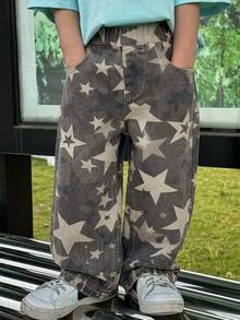Hapijoa Young Boy Fashion Star Pattern Printed Denim Jeans With Pockets Fall - Army Green - View 6
