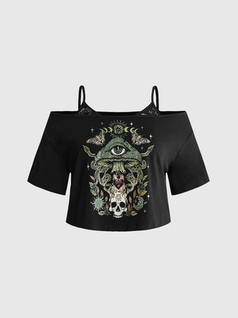 Fairycore Camiseta de manga corta talla grande 2 en 1 estilo gótico Mori con estampado de jardín botánico, setas, sol, luna, estrellas, hippie, calavera, murciélago, polilla, mariposa y rosa