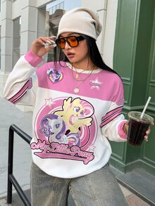 My Little Pony X SHEIN Plus Size Color Block Patchwork Cartoon Print Crew Neck Sweatshirt Fall - White - View 3