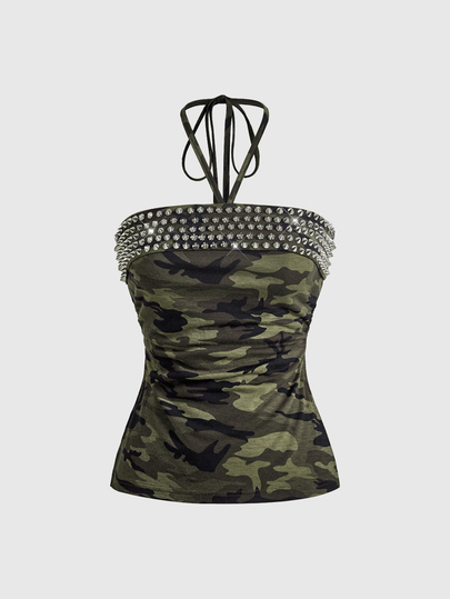 Y2K Top bandeau punk de rue pour femmes avec rivets et ourlet fendu