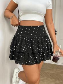 Solflare Plus Polka Dot Print Ruffle Hem Skirt - Black - View 3