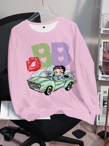 Betty Boop x SHEIN Plus Size Women's Letter Print Crew Neck Long Sleeve Casual Sweatshirt - White - View 3
