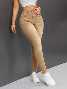 SHEIN PETITE 女款時尚百搭鈕扣口袋緊身牛仔褲 - 卡其色 - 查看 7