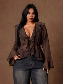 Rustia Plus Size 2027 New Solid Color Pleated Textured Fabric Double Layer Ruffle Collar Hem Ruffle Sexy Long Sleeve Pure Desire Style Valentine's Day Date Outfit Women's Blouse - Coffee Brown - View 1