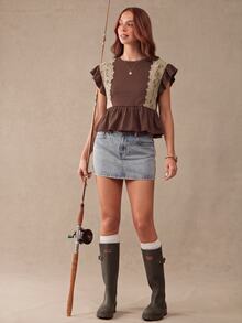 WESTFADE Lace Trim Tiered Ruffle Short Sleeve Babydoll Top Fall, Autumn, Female Country Look, Cowgirl Clothing, Western, Brunch, Basic, Cute Tops - Mocha Brown - View 3