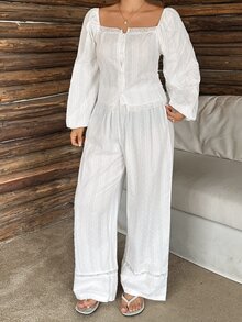 Dazy Plus 2pcs Textured Fabric Petal Sleeve Top & Straight Leg Long Pajama Pants Set, Spring/Autumn Sleepwear Outfit - White - View 5