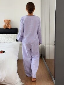 Livesso Spring/Autumn White Women's Style Bow Decor Loose Split Leg Pajama Set - Purple - View 2