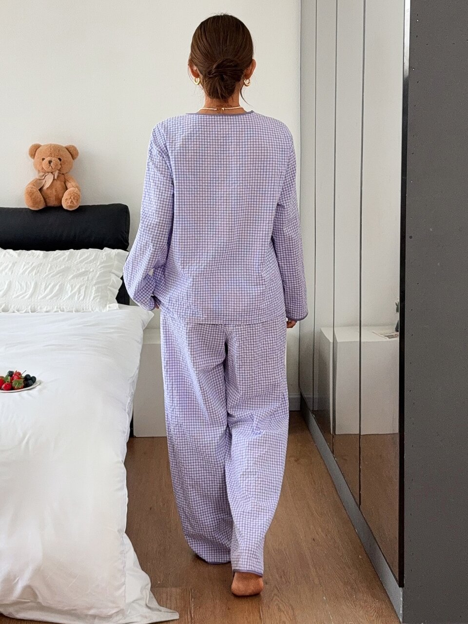Spring/Autumn White Women's Style Bow Decor Loose Split Leg Pajama Set