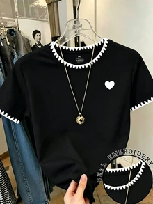 EMERY ROSE 大尺碼女款刺繡飾邊短袖休閒T恤 - 彩色 - 查看 1