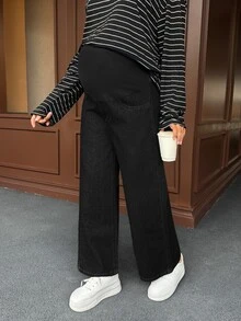 SHEIN Quần jean denim bầu dáng rộng thoải mái đa năng - màu đen - Xem 8