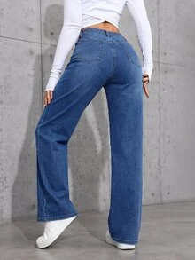 Jeanoix Quần jeans xanh denim co giãn lót nỉ ống đứng nữ size lớn phong cách Y2K Cowgirl - Rửa trung bình - Xem 2