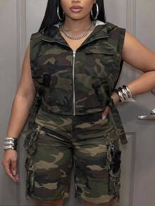 Slaydiva Plus Size Summer Casual Camouflage Print Sleeveless Jacket Fall - Army Green - View 11