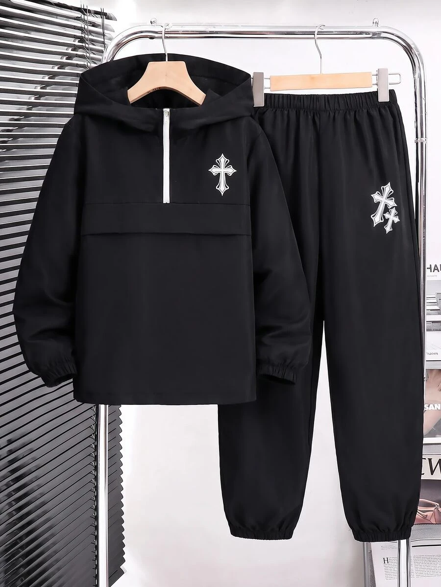 SHEIN 青少年男孩半拉鍊連帽夾克與慢跑褲2件套，休閒運動風，適合秋冬、通勤、上學、日常穿著、度假、旅行、運動，四季皆宜，抓絨加厚
