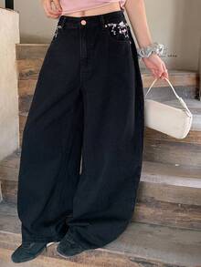 Dazy Plus Loose Floral Embroidered Casual Long Curved Leg Jeans For Girls, Versatile Denim Pants - Black - View 5