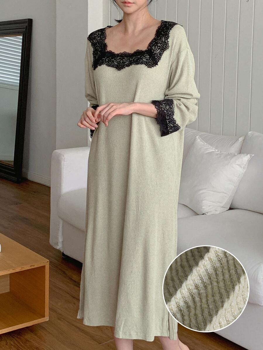 DAZY Women's Comfortable Versatile Lace Patchwork Long Sleeve Nightgown - Khaki - View 1
