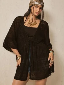 Freevana 大尺碼純色綁帶前襟休閒度假夾克 - 咖啡棕 - 查看 7