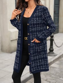 SHEIN Clasi Plus Size Casual Plaid Jacket, Autumn Fall - Navy Blue - View 5