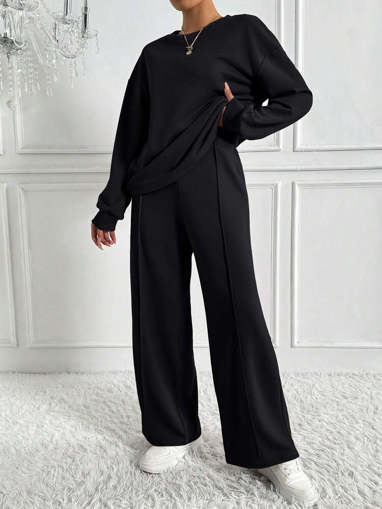 SHEIN Autumn Casual Solid Color Sweatshirt & Sweatpants 2 Pieces Set - Black - View 2
