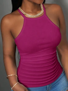 Slaydiva 2026 Primavera/Verano Nuevo Casual Básico Versátil Blanco Liso Acanalado Cuello Redondo Espalda de Corredor Sin Mangas - Rojo violeta - Ver 7