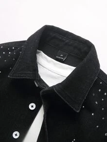 Kids Boys' 2pcs Set Black Denim Casual Long Sleeve Shirt And Pants With Shiny Rhinestone Star & Sun Pattern - Black - View 7