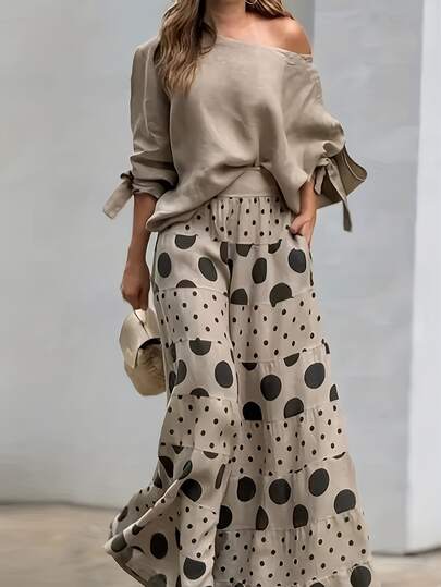 SHEIN Conjunto Feminino de 2 Peças para Outono/Inverno, Blusa Lisa com Ombro à Mostra, Manga Longa e Punho com Amarração, Calça Pantalona Camadas com Poá Contrastante e Cintura Alta, Coordenado para o Dia a Dia