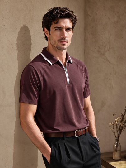 Core Aspect Men's Fashion Casual Short Sleeve Polo Shirt, Men's Knitted Polo Shirt, Brown Knitted Short Sleeve Polo Shirt, Suitable For Daily Casual, Commute