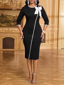 SHEIN Lady Gaun Midi Slim Fit Elegan untuk Pesta Wanita dengan Dekorasi Pita - Hitam dan Putih - View 4