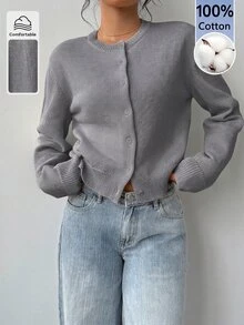 SHEIN BASICS 女款秋冬休閒純色開襟羊毛衫 - 深灰色 - 查看 4
