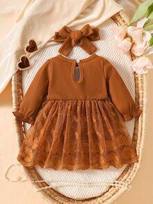 SHEIN 2件組新生兒春秋款酒紅色甜美公主風蝴蝶結蕾絲網紗拼接長袖洋裝附髮帶套裝，寬鬆舒適版型，適合日常外出、滿月宴、周歲生日派對、節日聚會、拍照攝影 - 橘色 - 查看 2