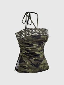 ROMWE Y2K Women's Street Punk Studded Bandeau Top With Split Hem - Army Green - View 5