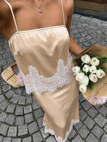 Sunnyshic Women's 2 Pieces Set: Satin Camisole Top & Lace Long Skirt - Champagne - View 4