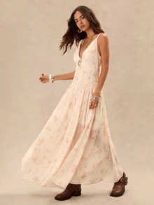 Easelle Vintage Bohemian Floral Print Contrast Lace Cami Dress - Multicolor - View 4