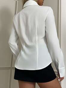 SHEIN EZwear 女款休閒收腰長袖鈕扣襯衫，適合秋冬穿著 - 彩色 - 查看 2