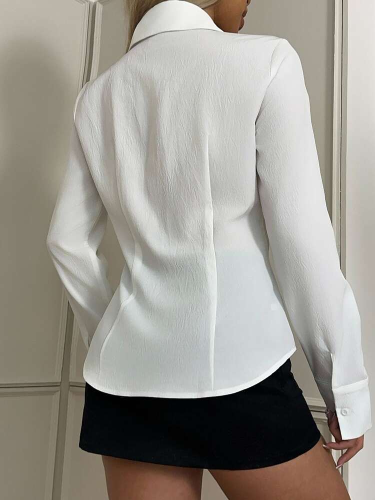 SHEIN EZwear Women's White  Dress Shirt  Work Tops Casual Cinched Waist Long Sleeve Button-Down Shirt, Suitable For Autumn - Multicolor - View 2