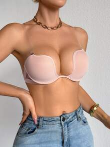 SHEIN 1件式鋼圈聚攏透明肩帶內衣 - 珊瑚粉 - 查看 3